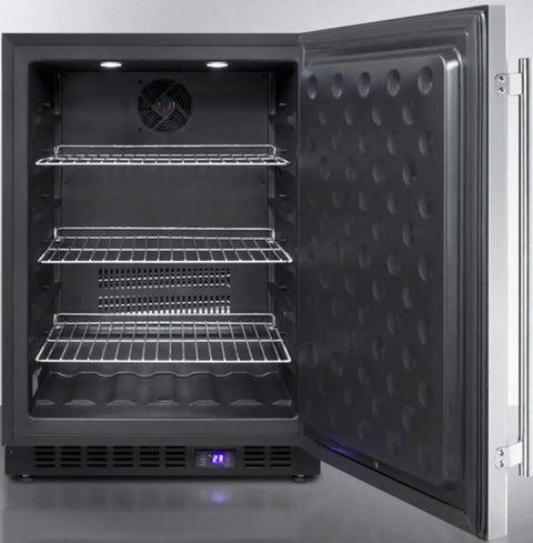 Interior view of Slick Stainless Steel Undercounter Freezer With Dope Frost Free Tech, featuring wire shelves and digital display.