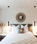 Bedroom setting with Must-Have Modern Sand Black Cylinder Pendant Light For Kitchen Island And Dining Room on either side of bed.