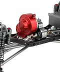 Close-up of Beefed-Up 450mm 6x6 RC Crawler Chassis Frame Set with aluminum alloy and carbon fiber components for 1/10 Axial SCX10.