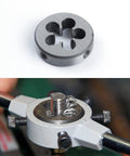 M16x2 Metric Round Die Right Hand for External Threading, 1.50 Inch Outer Diameter, 0.55 Inch Thick, Pro Grade High Precision Tap, Large Chip Clearance, Conical Lock Hole, Built for Clean, Precise Threads Every Time, round metal threading die with threaded workpiece
