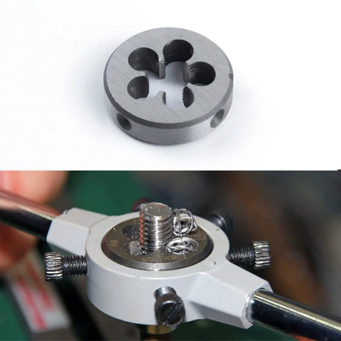 M16x2 Metric Round Die Right Hand for External Threading, 1.50 Inch Outer Diameter, 0.55 Inch Thick, Pro Grade High Precision Tap, Large Chip Clearance, Conical Lock Hole, Built for Clean, Precise Threads Every Time, round metal threading die with threaded workpiece