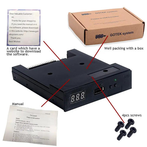 SFR1M44-U100 3.5 Inch USB Floppy Drive Emulator 1.44MB For Old School PCs And Arcade Cabinets USB Flash Drive Based Plug And Play Setup 34 Pin Interface Black with manual and screws
