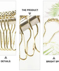 Gold Stainless Steel Shower Curtain Rings 24 Pack With Five Bead Gourd Design Smooth Glide Hooks displayed on rail and close-up details