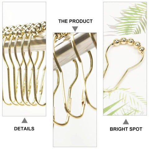 Gold Stainless Steel Shower Curtain Rings 24 Pack With Five Bead Gourd Design Smooth Glide Hooks displayed on rail and close-up details