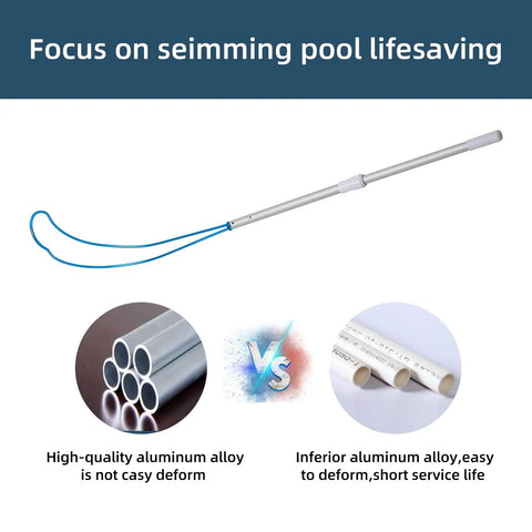 Rock Solid Aluminum Pool Safety Hook With 3.3 Foot Telescopic Pole For Emergency Drowning Rescue and wall cleaning, detailed view of durable aluminum hook.