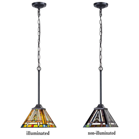 Tiffany Style Pendant Light Fixture With Dope Vintage Mission Farmhouse Charm 8 Inch Wide Stained Glass, illuminated and non-illuminated.