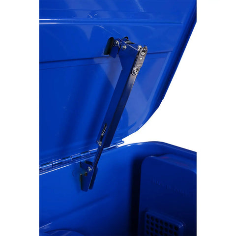 Heavy Duty 20 Gallon Parts Washer With 110V Electric Pump And Flexible Gooseneck Spray Wand hinge mechanism inside blue lid.