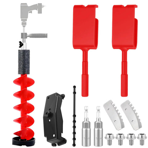 6 Inch Floating Rotating Ice Fishing Auger Drill Bit With 2 Ice Anchor Drill Adapters And 2 Blades Nylon Attachment Built For Quick Cutting And Easy Ice Fishing Setup Beefy Outdoor Gear, showing auger bit, adapters, and blades.