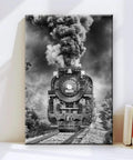 Front-facing black and white steam locomotive on Vintage Steam Locomotive Canvas Wall Art Black And White Train Photography For Bold Industrial Decor In Living Room Office Or Man Cave 8x12 Inch Unframed Canvas.