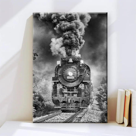 Front-facing black and white steam locomotive on Vintage Steam Locomotive Canvas Wall Art Black And White Train Photography For Bold Industrial Decor In Living Room Office Or Man Cave 8x12 Inch Unframed Canvas.