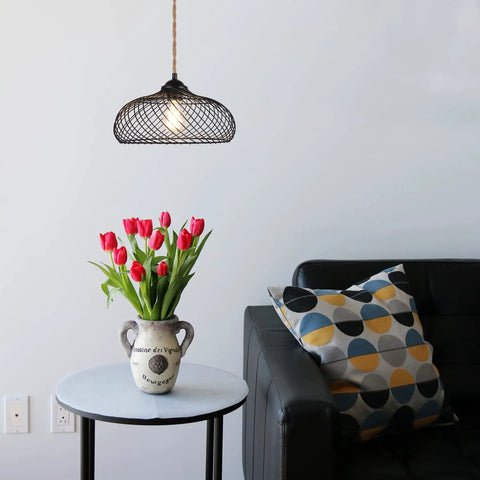 Plug In Pendant Light With Dimmable Switch And 16ft Hemp Rope Cord Black Lampshade Hanging Lights over table with tulips