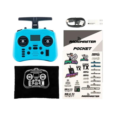 Pocket ELRS Remote Controller With Portable Hall Gimbal EdgeTX 2.10.5 Transmitter With LED Light, accessories, and stickers.