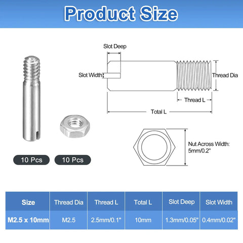 Diagram showing dimensions of 10Pcs Slotted Cylindrical Pin Set M2.5 x 10mm 304 Stainless Steel Dowel With Nut External Thread Locating Pin