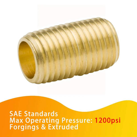 Close-up of brass pipe fitting close nipple, 1/8 in NPT male x 1/8 in NPT male, 3/4 in long