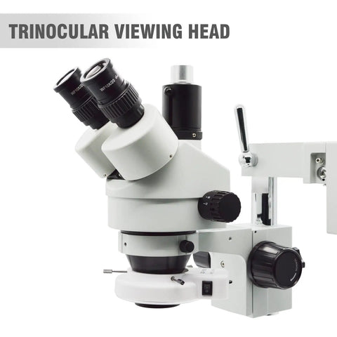Pro Grade Trinocular Stereo Zoom Microscope With Three Point Five To Ninety Times Magnification Ten Times Widefield Eyepieces Zoom Objective, trinocular viewing head on boom stand