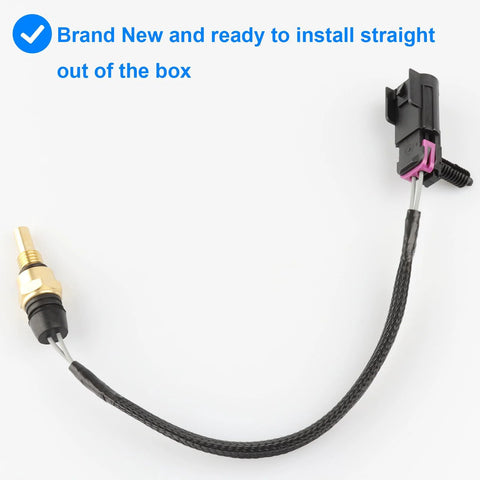 Coolant temperature sensor with braided wiring, brass threaded sensor on left and pink-latch black connector.