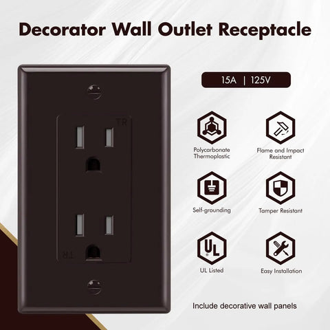 Brown Decorator Receptacle Outlet 15 Amp 125 Volt Tamper Resistant with Grounding and Wall Plate UL Listed 50 Pack High Impact Thermoplastic Face and Back Body Finger Safe Design