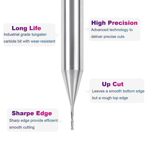 SpeTool carbide upcut router bit, 1/32 in diameter, 1/4 in shank, spiral end mill for wood engraving.