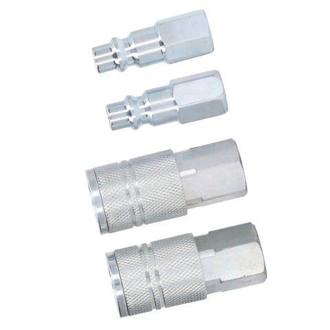 Bad Boy Heavy Duty Air Hose Fittings Rock Solid Three Eighths Inch Npt Air Coupler Plug Kit with silver steel couplers and plugs.