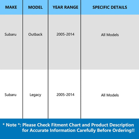 Fitment chart for Pair Front Wheel Bearing And Hub Assembly Replacement For Subaru Outback 2005 To 2014 And Subaru Legacy 2005 To 2014 Plug And Play Hub Bearing Kit With OEM Quality Materials.