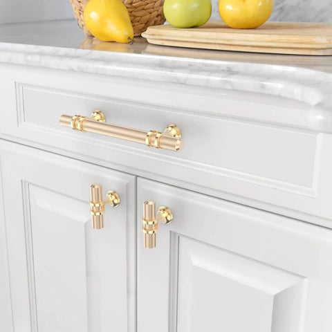 Brushed Brass Cabinet Knobs 10 Pack for Kitchen Cabinets and Dresser Drawers Zinc Hardware installed on white cabinetry