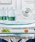 Heavy Duty 43 Inch Lazy Susan Turntable Smooth 360 Rotating Tempered Glass Dining Table Serving Tray with bottles on a table.