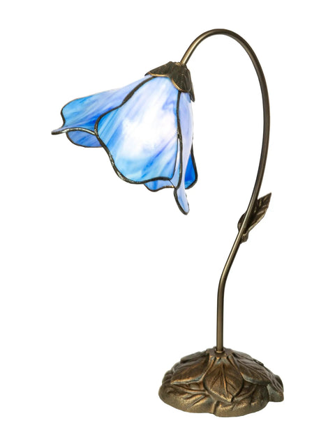 One Light Blue Lily Table Lamp With Dark Antique Bronze Finish, Gossamer Lily Blossom Five Panel Art Glass, side view