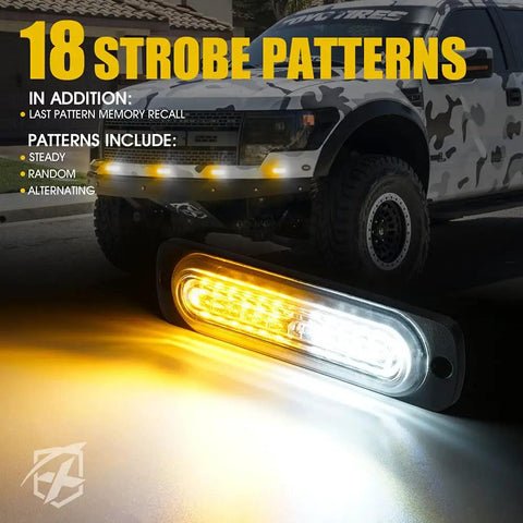 White Amber 12 LED Emergency Strobe Light Kit with Ultra Thin Flush Mount Side Marker for Off Road Vehicles shown lit