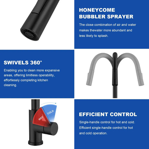 Features of Slick Black Kitchen Faucet With Pull Down Sprayer Single Handle Modern Stainless Steel Kitchen Sink Faucet With Deck Plate Anti Fingerprint Finish SUS 304 Stainless Steel Construction