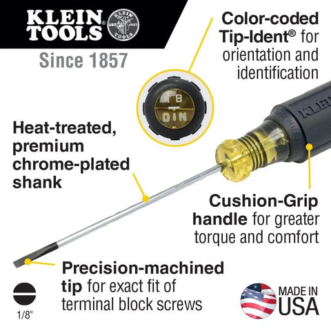 American Made Flat Head Terminal Block Screwdriver One-Eighth Inch Cabinet Tip 4 Inch Round Shank TB-DIN Precision Machined Tool
