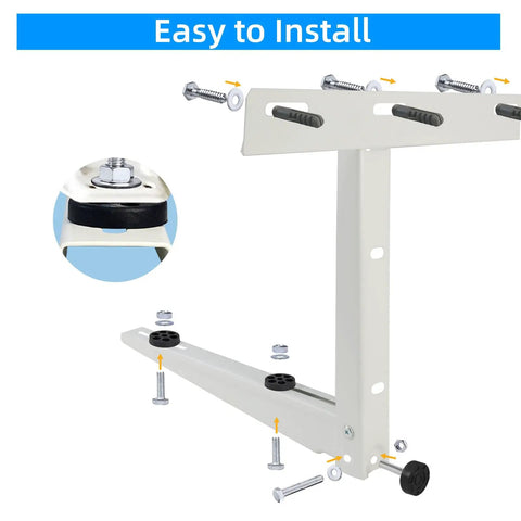 Top Shelf Heavy Duty Mini Split Wall Mount Bracket For Universal Ductless Air Conditioners parts shown including screws and installation details.