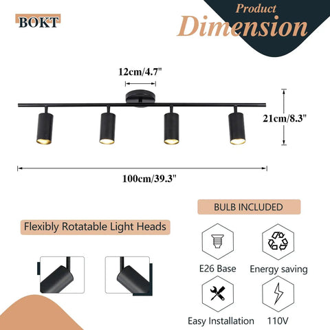 Matte Black 4 Light LED Track Lighting Kit With Adjustable Heads diagram showing dimensions and features