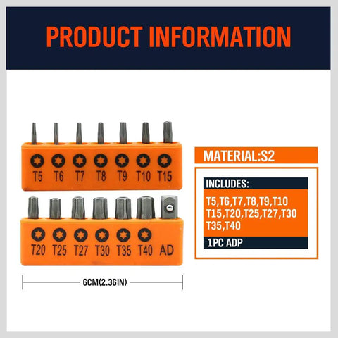 Rugged 14 Piece Tamper Resistant Torx Bit Set In S2 Alloy Steel T5 To T40 Security Star Bits with orange storage sleeve