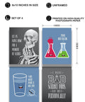 Science Pun Room Decor Set Of 4 Nerdy Lab Wall Art Prints 8x10 Unframed showing skeleton, beakers, water glass, and periodic table joke.