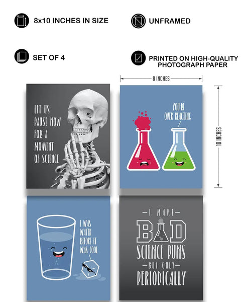 Science Pun Room Decor Set Of 4 Nerdy Lab Wall Art Prints 8x10 Unframed showing skeleton, beakers, water glass, and periodic table joke.