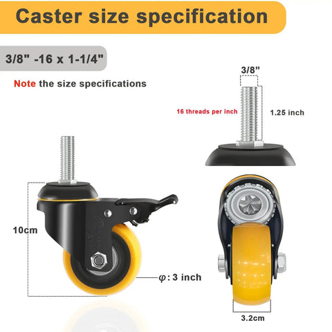 Caster size specifications for Heavy Duty 3 Inch Swivel Caster Wheels With Standard 3/8 Threaded Stem Set Of 4, orange wheels.