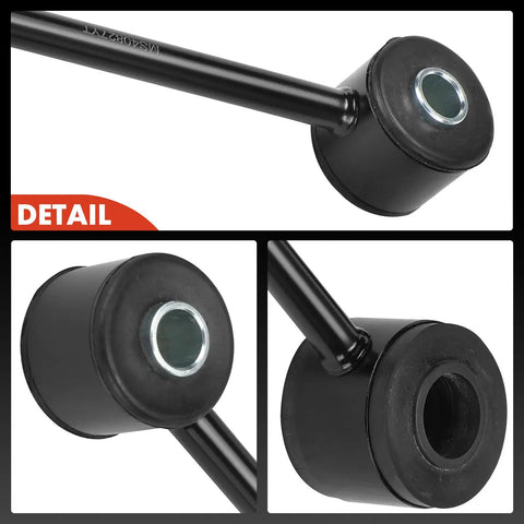 Close-up of heavy-duty rear sway bar links for Ford Mustang 2007-2014 showing bushings and metal connectors, heavy duty stabilizer kit.