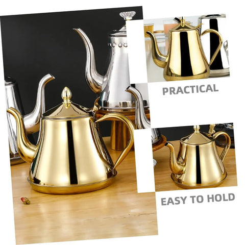 Top Shelf Stainless Steel Kettle With Extended Spout For Smooth Pours Heat Resistant Bottom Works Great On Gas Stove And Induction Cooker Go To Coffee Gear in gold color with lid.