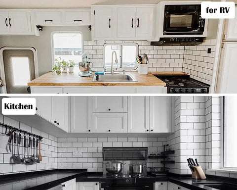Polished White Peel and Stick Backsplash Tiles Set, 10 Sheets 12x12 PVC Ceramic Look in RV and Kitchen Interiors