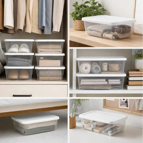 Clear Plastic Storage Bins 6 Quart With White Snap On Lids Stackable Set Of Ten Versatile Home Organization Containers, storage under bed.
