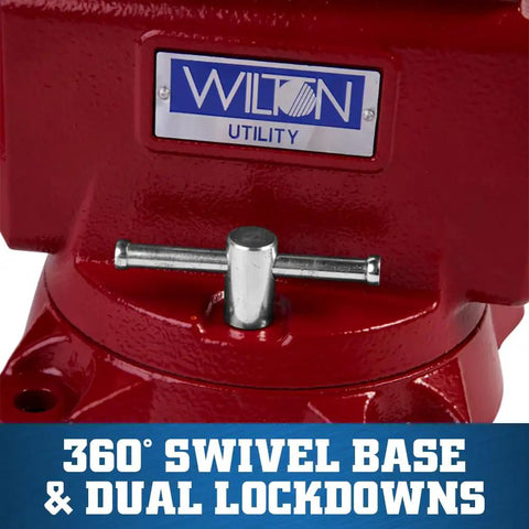 Beefy Utility Bench Vise With 6-1/2 Inch Jaw Width, 6 Inch Opening, 4 Inch Throat, 360 Degree Swivel Base, Dual Lock-Downs, Serrated Hardened Jaws, Built-In Pipe Jaws, And Large Anvil Work Surface For Pro Shop Tasks red swivel base