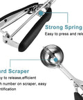 Close-up of Triple Cookie Scoop Set with 1 Tbsp, 2 Tbsp, and 3 Tbsp sizes, featuring strong spring and hard scraper, 18/8 stainless steel design.