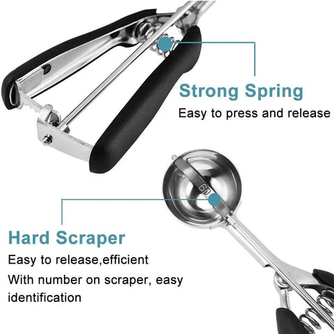 Close-up of Triple Cookie Scoop Set with 1 Tbsp, 2 Tbsp, and 3 Tbsp sizes, featuring strong spring and hard scraper, 18/8 stainless steel design.