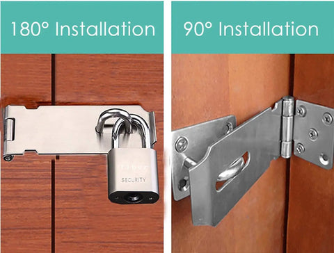 Heavy Duty Stainless Steel Hasp And Staple With Screws For Doors Gates Cabinets Pet Cages Crates Shed And Windows Built Tough For Real World Security Built For Quick Easy Installations shown in 180° and 90° installations.