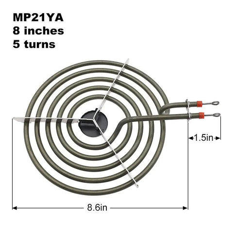8-inch MP21YA coil element for electric range burners, with 5 turns and dimensions labeled, part of Porcelain Drip Pan Replacement Set