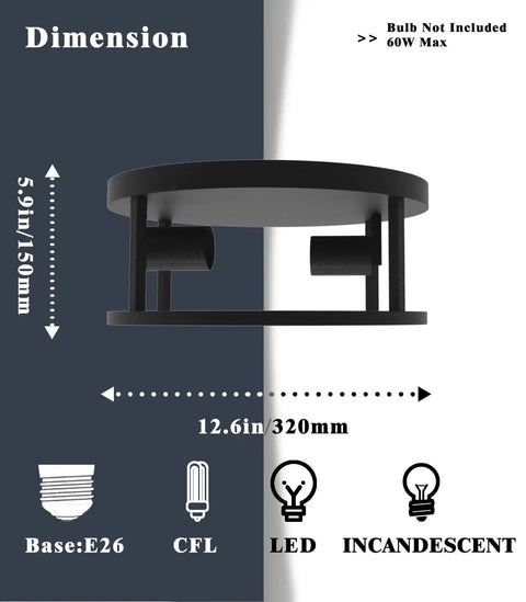 Matte Black Flush Mount Ceiling Light Two Light Fixture With E26 Base dimensions and bulb compatibility guide