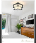 Bedroom with Industrial Vintage Semi Flush Mount Ceiling Light With Two Cage Drum Light Fixtures In Old Bronze Finish.
