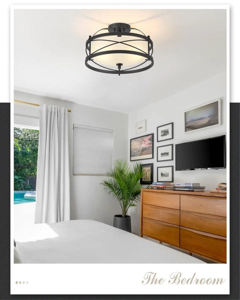 Bedroom with Industrial Vintage Semi Flush Mount Ceiling Light With Two Cage Drum Light Fixtures In Old Bronze Finish.