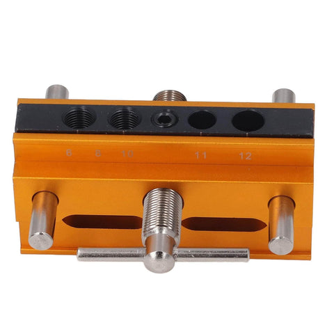 Self Centering Doweling Jig Kit Metric Adjustable Width Drilling Guide With Six Bushings, gold aluminum, front view