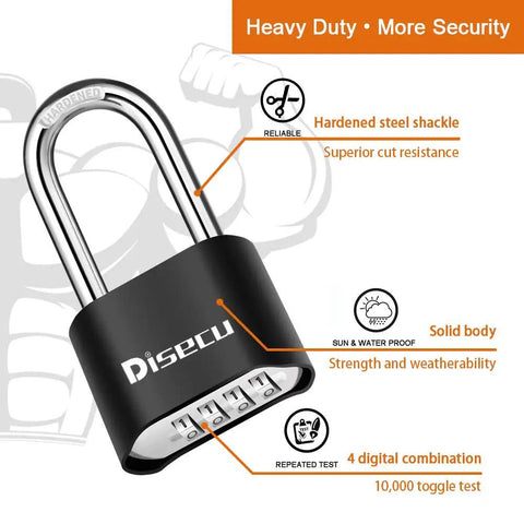 Heavy Duty 4 Digit Combo Padlock With 2.5 Inch Shackle Outdoor Waterproof Locker Lock For School Gym Storage Unit Fence Gate And Toolbox Black Long Shackle Design with highlighted features